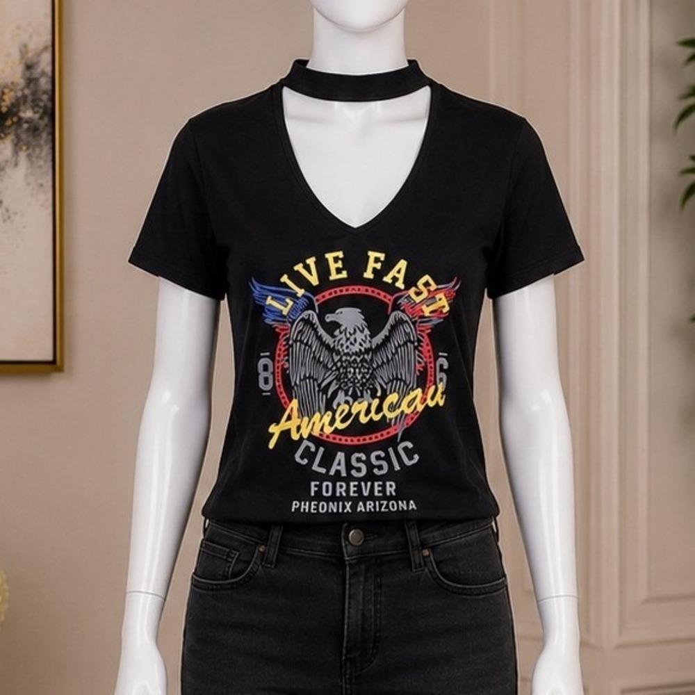 Wooahada Womens T-Shirt Dress Black Eagle Graphic Choker Neck M